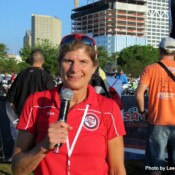 USAT Hall of Famer and 1995 Ironman World Champion Karen Smyers announcing during the USAT Olympic-Distance National Championships