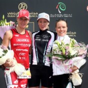 DUBAI, UNITED ARAB EMIRATES – JANUARY 29: (L_R) Caroline Steffen of Switrzerland, Daniela Ryf of Switzerland and Kaisa Lehtonen of Finland pose on the podium after the IRONMAN 70.3 Dubai on January 29, 2016 in Dubai, United Arab Emirates. (Photo by Warren Little/Getty Images for Ironman)