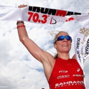 DUBAI, UNITED ARAB EMIRATES – JANUARY 29: Daniela Ryf of Switzerland celebrates winning the Women's IRONMAN 70.3 Dubai on January 29, 2016 in Dubai, United Arab Emirates. (Photo by Warren Little/Getty Images for Ironman)