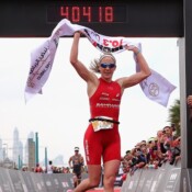 DUBAI, UNITED ARAB EMIRATES – JANUARY 29: Daniela Ryf of Switzerland celebrates winning the Women's IRONMAN 70.3 Dubai on January 29, 2016 in Dubai, United Arab Emirates. (Photo by Warren Little/Getty Images for Ironman)