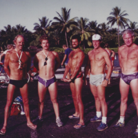 Bob and friends posing on the pier in Kona before taking on the Ironman Triathlon, circa early-1980s