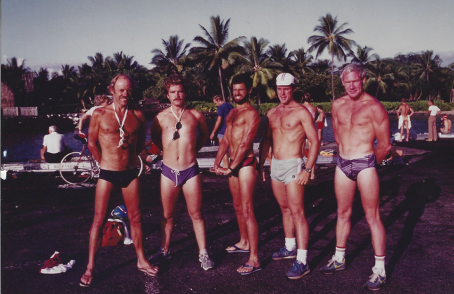 Kona Pier Group 1980s Bob and friends posing on the pier in Kona before taking on the Ironman Triathlon, circa early-1980s